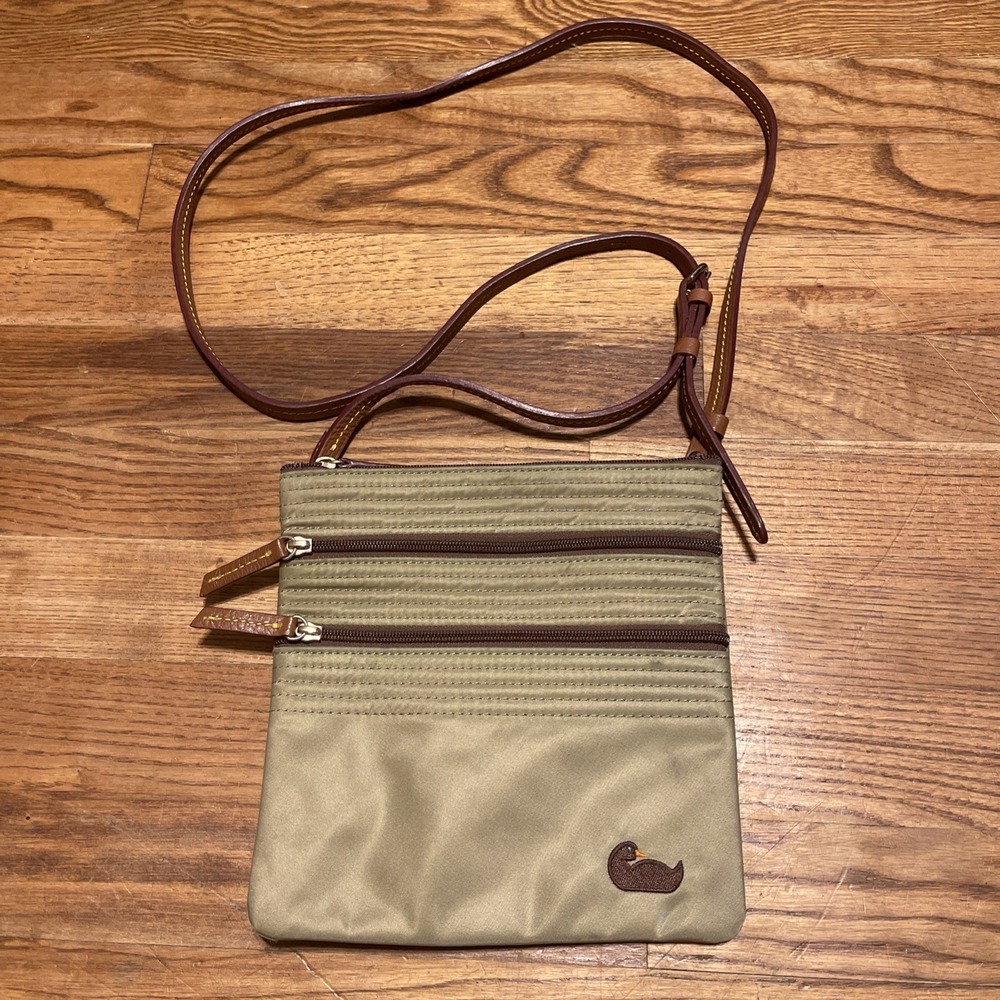 Dooney & Bourke Triple Zip Crossbody Bag Khaki Pink Nylon Leather Duck Logo
